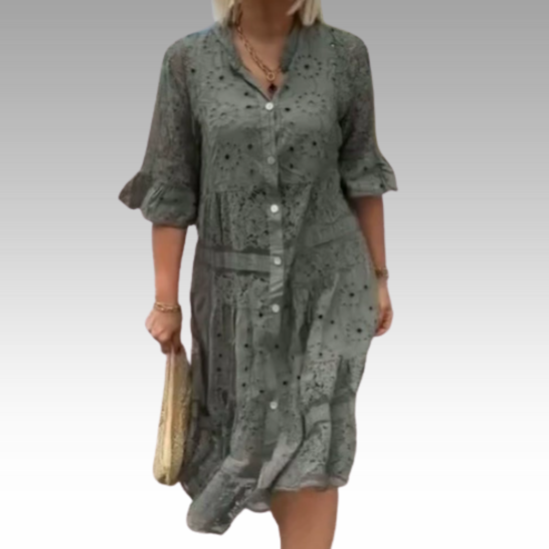 Emberly™ – Elegantna obleka z vezenino in gumbi