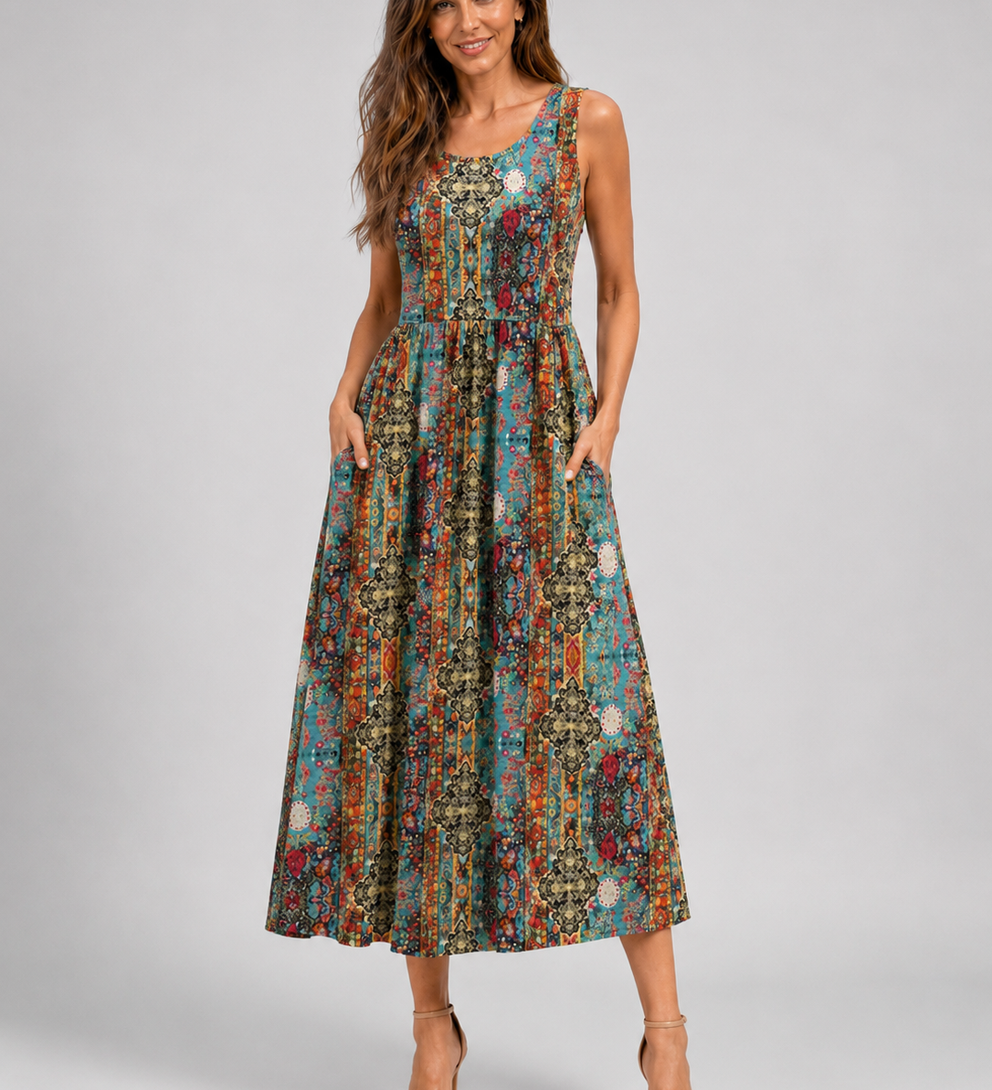 Franziska | Boho midi obleka z naramnicami za vrat